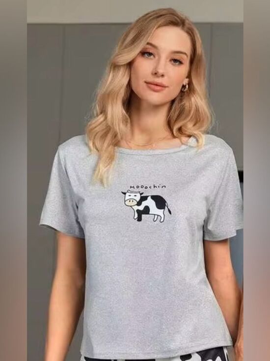 Tops - 'Mooochin' Cow Graphic Short Sleeve Grey Tee